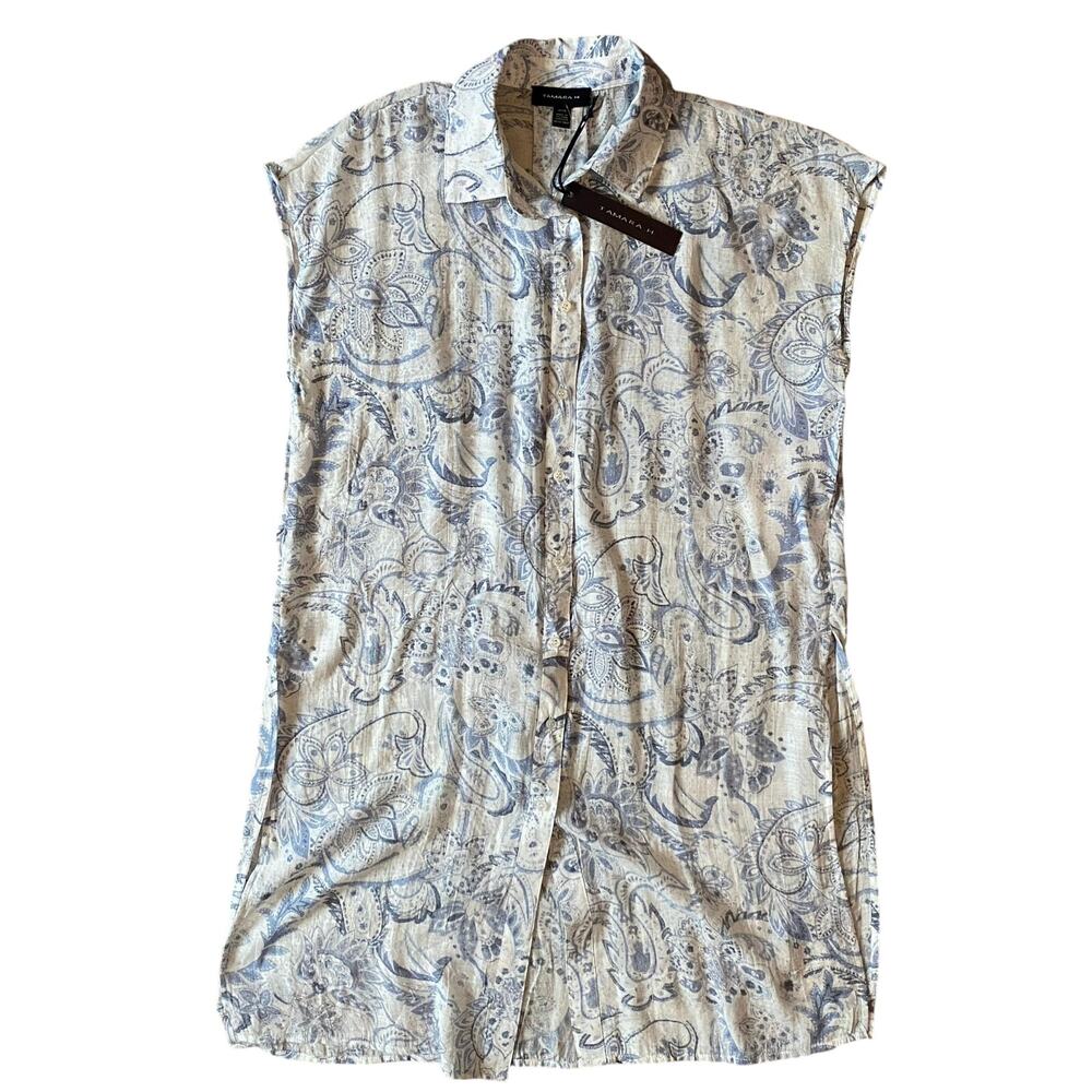 NWT Tamara H Sleeveless Tunic Button Up Shirt Medium Blue White Sheer Top